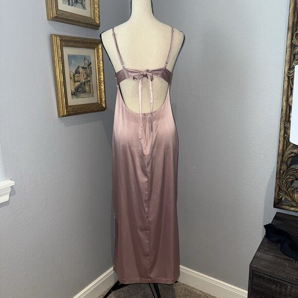 Allina Liu Calla Satin Slip Dress Size 6 Pink Lace Insets Open Back Tie Midi EUC - Picture 9 of 16